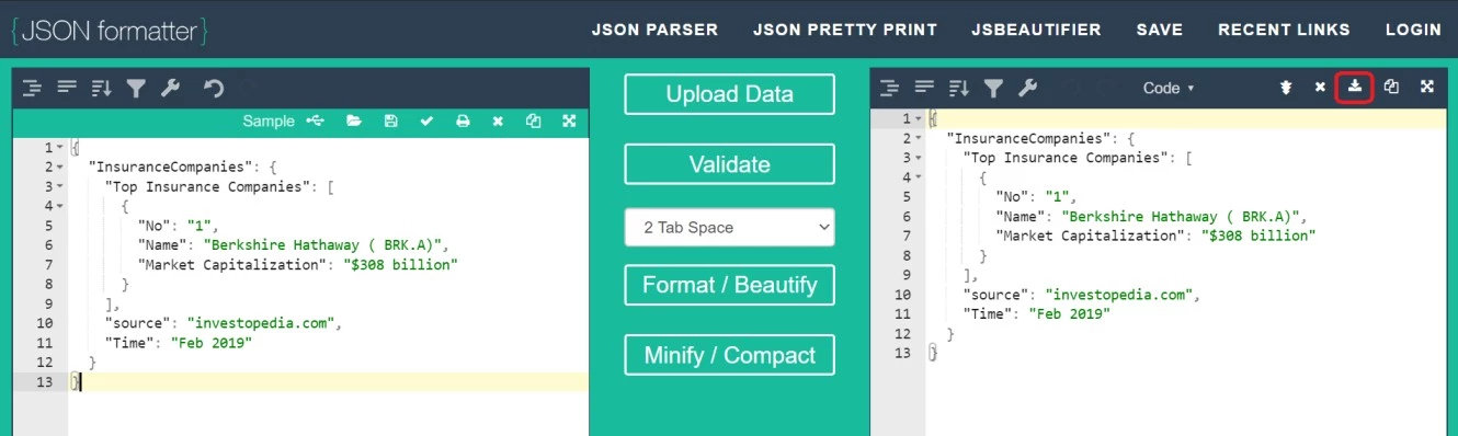 Jsonformatter.org helps to create , validate and format the JSON Data